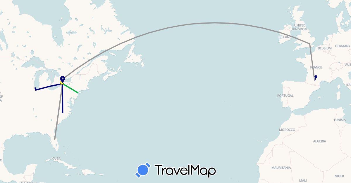 TravelMap itinerary: driving, bus, plane in Canada, France, United Kingdom, United States (Europe, North America)